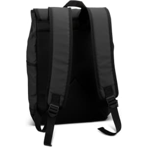 A black Trek Soft Touch Backpack with padded straps and a mesh back panel. It has a logo visible.