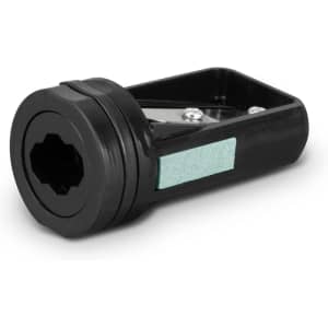 A black carpenter's pencil sharpener with a triangular design and a green sharpening strip. Features a silver attachment.