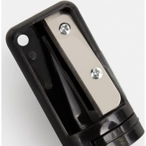 A black carpenter's pencil sharpener featuring a metal blade and screws, designed for precise sharpening.