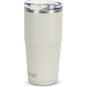 A drink bottle in light grey with a stainless steel lid, featuring a logo. It's designed for drinks and has a 600ml capacity.