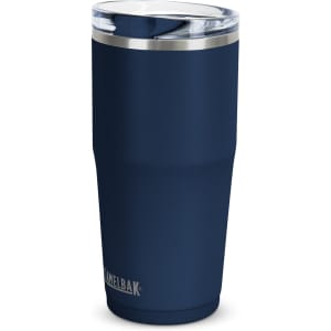 A drink bottle in navy blue with a stainless steel rim and a clear lid, featuring a brand logo.