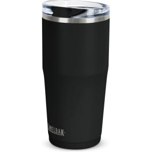 A drink bottle featuring a sleek black design with a transparent lid, made from stainless steel.