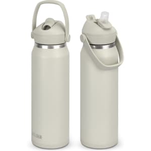 A drink bottle in light grey with a flip straw and handle, featuring a logo on the side.