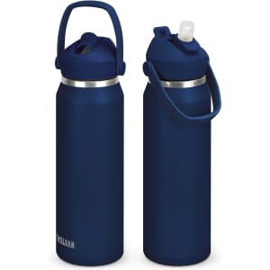 A drink bottle in navy blue with a flip straw lid and a handle, featuring a logo on the side.