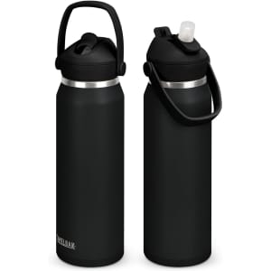 A drink bottle in matte black featuring a flip straw lid and a handle, with a logo present.