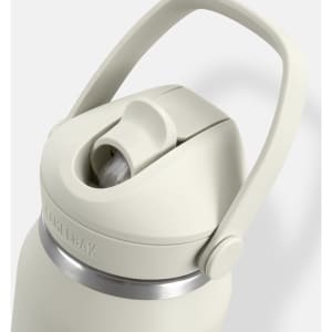 A drink bottle in light green with a flip straw and a carry handle, featuring a stainless steel base and logo.