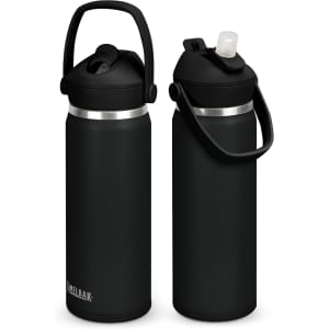 A drink bottle with a sleek black finish, featuring a flip straw and a carry handle, with a logo on the side.