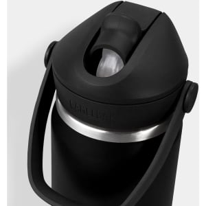 A drink bottle in black with a flip straw and metal trim, featuring a handle and a logo.