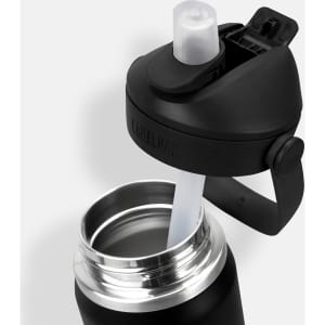 A drink bottle in black with a flip straw and stainless steel interior, featuring a lid with a logo.