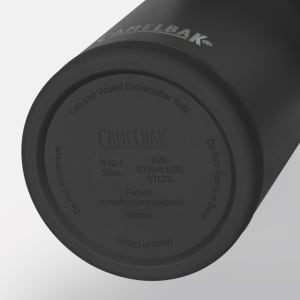 A drink bottle in sleek black stainless steel featuring a base with branding. Ideal for maintaining beverage temperature.