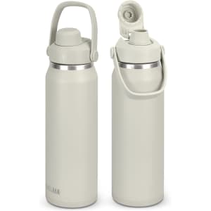A drink bottle in light grey with a handle and a flip-top cap, featuring a logo on the side.
