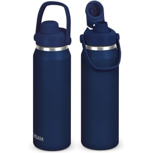 A drink bottle in navy blue with a silver band and a flip-top lid, featuring a carry handle and branding.