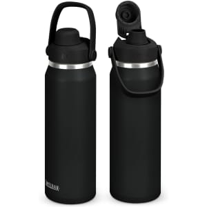 A drink bottle in matte black with a screw-on lid and a carry handle, featuring a logo.