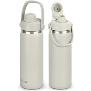 A drink bottle with a light grey finish, featuring a handle and a flip-top lid, includes a logo.