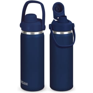 A drink bottle in navy blue with a stainless steel band and a flip-top lid. It features a logo.