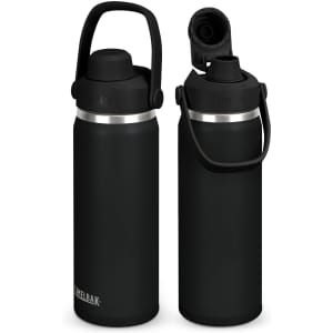 A drink bottle featuring a sleek black design with a screw top and a handle, equipped with a chug spout.