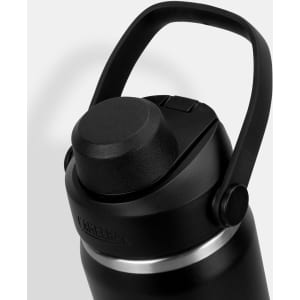A drink bottle featuring a black exterior, a secure lid, and a handle for easy carrying. It has a logo on the side.