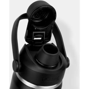 A drink bottle with a black matte finish, featuring a wide opening and a handle, along with a logo.