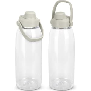 A drink bottle with a clear body and a light grey lid and handle, featuring a logo on its side.