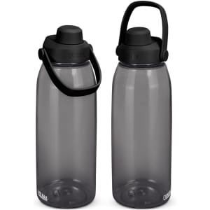 A drink bottle with a sleek, grey design, featuring a black lid and handle. It has a logo on the side.