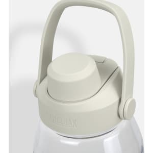 A drink bottle in clear plastic with a light grey lid and handle, featuring a logo on the lid.