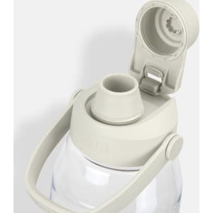 A drink bottle in light grey and clear, featuring a chug spout and a handle. It has a branding logo on the side.