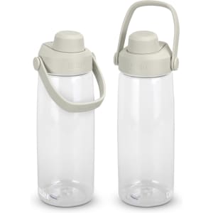A drink bottle with a clear body and a grey lid, featuring a handle and an attached cap.