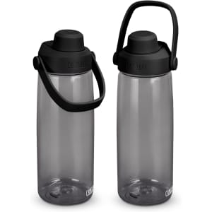 A drink bottle featuring a translucent grey body and a black lid with a carry handle, including a logo.