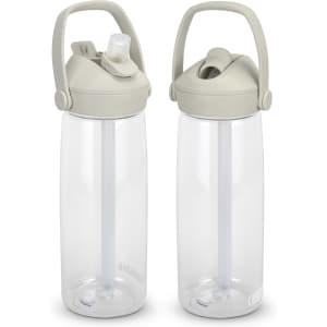A drink bottle in clear plastic with a light grey lid and flip straw, featuring a carry handle and branding.