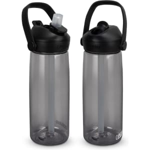 A drink bottle in black and grey, featuring a flip straw and a carrying handle. The bottle has a logo.