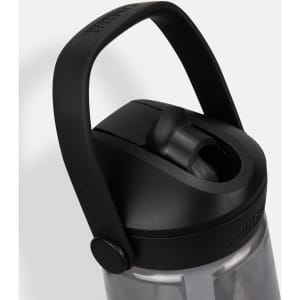 A drink bottle with a black lid and handle, featuring a flip straw design and a transparent body.