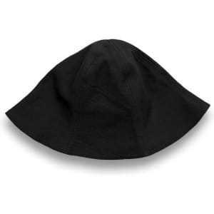 A black Byron bucket hat with a wide brim and a simple design, featuring a logo.