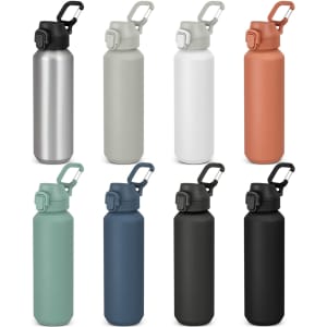A drink bottle collection featuring various colours: silver, olive green, white, terracotta, mint green, navy blue, and black. Each has a logo.