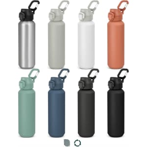 A drink bottle collection featuring various colours: brushed aluminium, white, grey, terracotta, teal, black, with a carabiner and a logo.