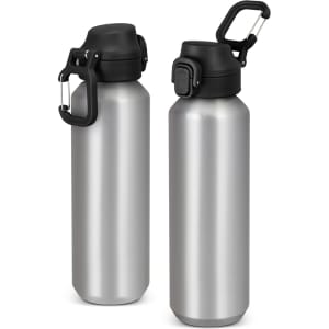 A drink bottle made of recycled aluminium, featuring a silver finish and a black lid with a carrying handle.