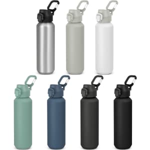 A drink bottle collection featuring recycled aluminium designs in silver, grey, white, teal, navy, and black, with a handle and logo.