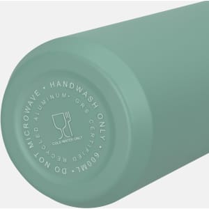 A drink bottle in a soft green colour with a smooth, rounded base featuring a logo and recycling information.
