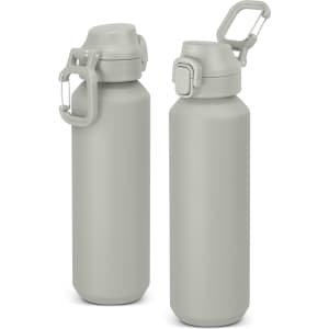 A drink bottle in a muted green colour with a screw cap and a carabiner clip, features a logo.