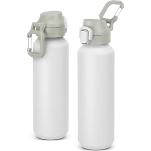 A drink bottle made of recycled aluminium, featuring a white body and a light green cap with a handle.