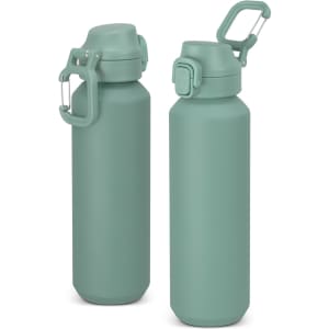 A drink bottle in a soft green hue with a screw-on lid and a sturdy handle, featuring a logo.