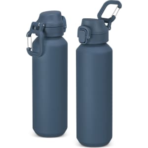 A drink bottle in a matte dark blue finish with a screw cap and a sturdy handle, featuring a logo.