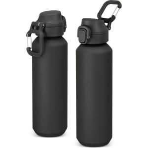 A drink bottle made from recycled aluminium in a matte black finish, featuring a screw cap and a carry handle.