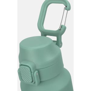 A drink bottle in a soft green colour with a secure lid and a sturdy carrying handle. It features a logo.