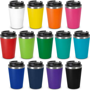 A collection of various colourful coffee cups with stainless steel tops, featuring multiple vibrant colours.