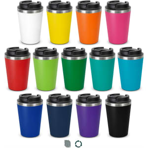 A collection of reusable coffee cups in various colours, each with a stainless steel band and black lid.