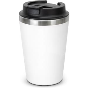 A drink bottle in white with a stainless steel rim and a black lid. It features a logo on the side.