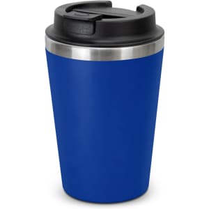 A blue travel coffee cup with a stainless steel band and a black lid, featuring a logo.