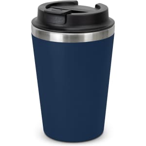 A drink bottle with a black lid and a navy blue body, featuring a stainless steel band. It has a logo on the body.