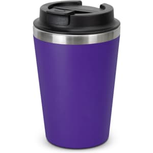 A purple coffee cup with a black lid and stainless steel band, featuring a logo on the side.