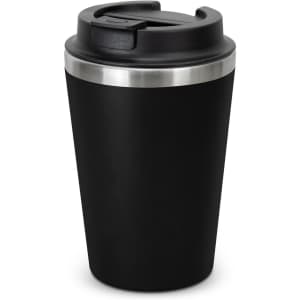 A black coffee cup with a stainless steel band and a black lid. It features a logo on the side.